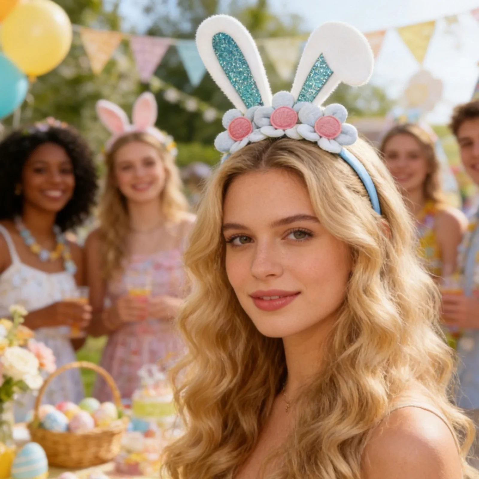 1PC Easter Bunny Ear Headband For Women Sparkling Glitter Rabbit Ear Hair Hoop With Flower Decor Cute Easter Hair Accessory view 4