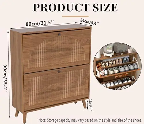 Shoe Storage Cabinet for Entryway with 2 Flip Drawers, Narrow Wood Shoe Cabinet with Fluted Panel, Freestanding Hidden