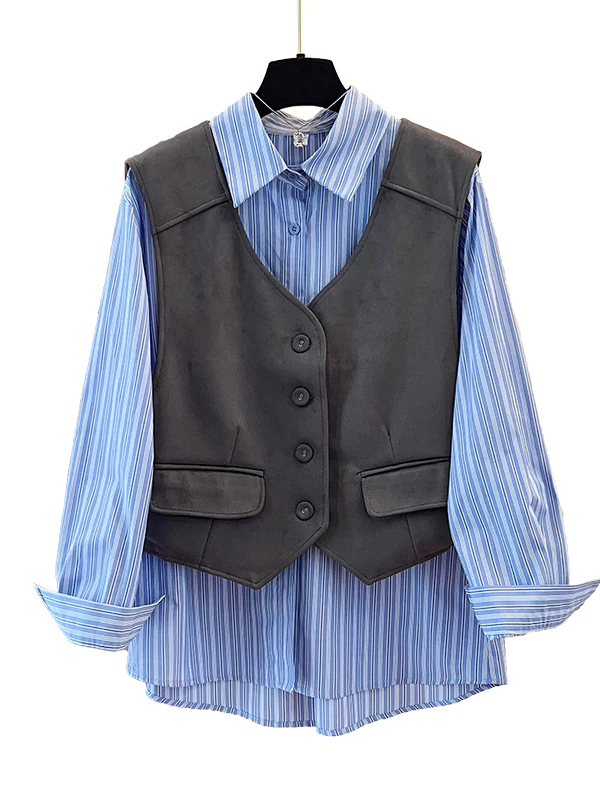 

Premium Suede Vest irt Two-Piece Loose Faionable Striped Korean Sle Women's Collar Button-Up Long Sve Regular Fit