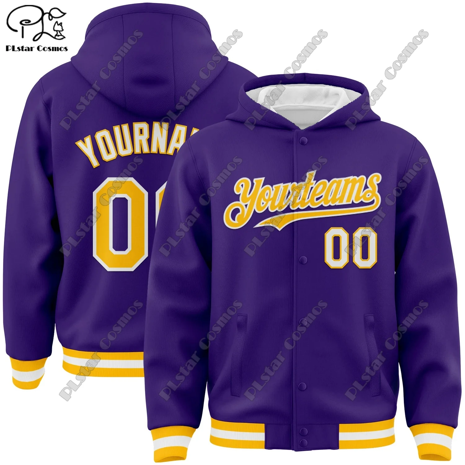 Brand new 3D printed custom team name name number purple genuine full snap jacket hoodie unisex winter new arrival -2