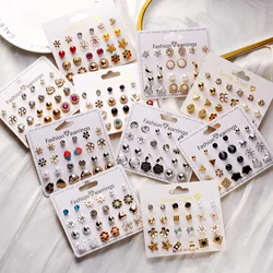 12 Pairs Combination Stud Earrings Set For Women Exquisite Imitation Pearl Flower Heart Zircon Small Earring Jewelry Gifts