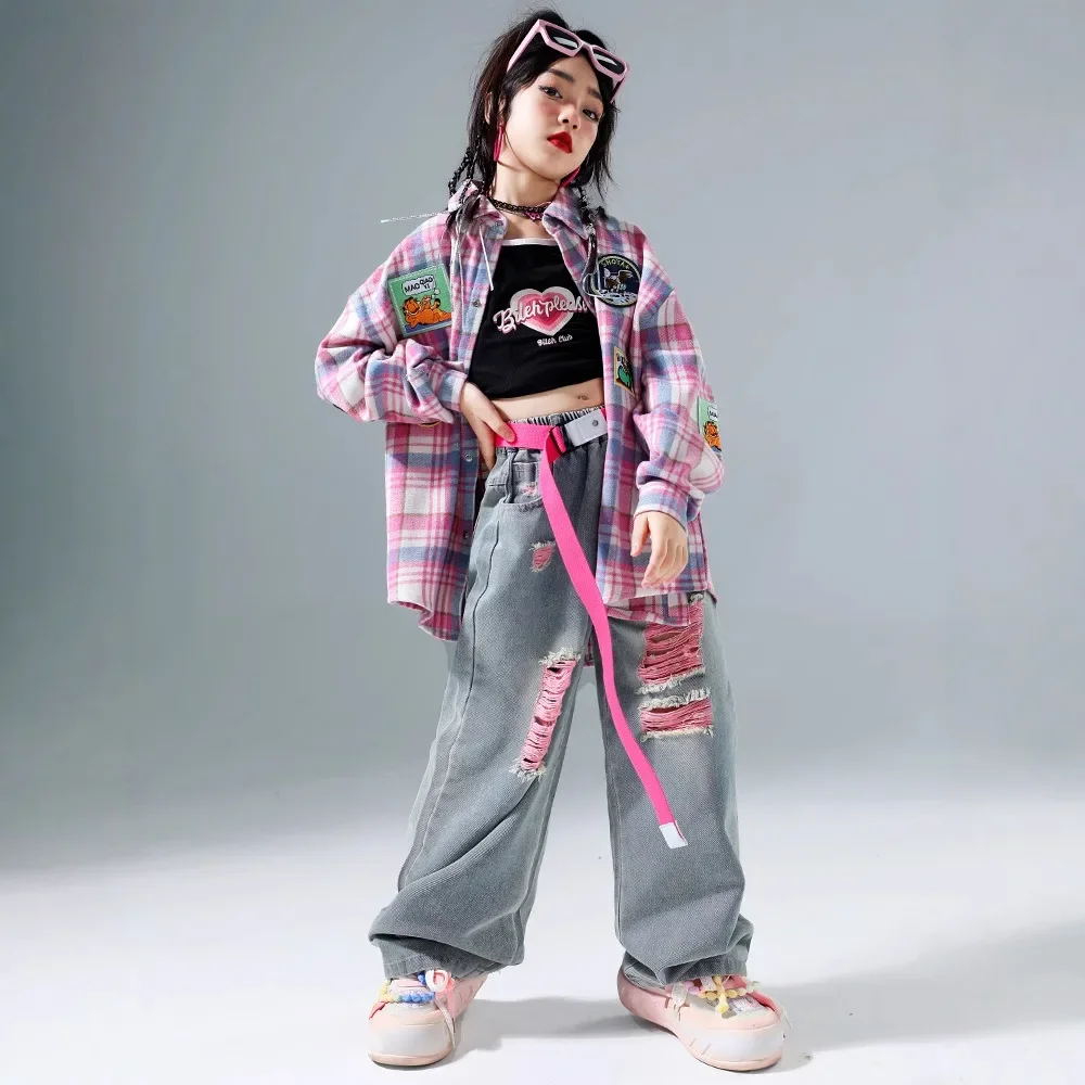 Criança legal hip hop roupas rosa xadrez camisa superior denim casual rua jogger calças de carga para menina menino jazz dança traje roupas