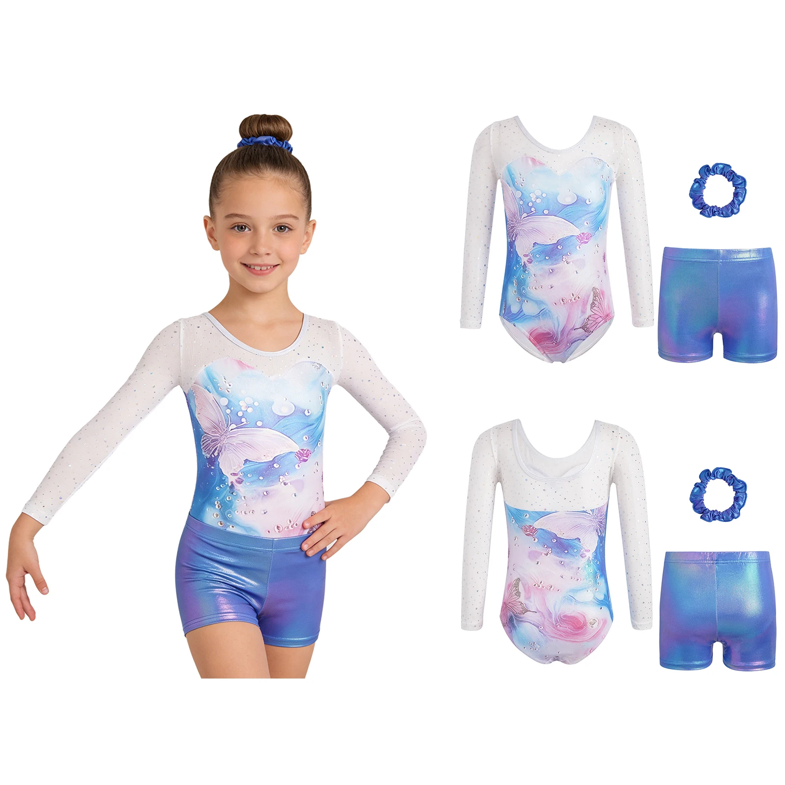 

Детская одежда для балета и латиноамериканских танцев: комплект из гимнастического купальника с длинными рукавами, сетчатыми вставками, стильным принтом и металлическим эффектом, шорт и повязки для волос для девочек