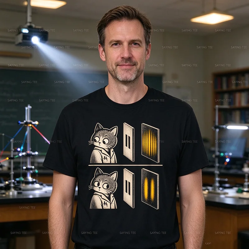 Funny Cat Double Slit Experiment Physics Physicist Teacher T Shirt, Y2k Observer Effect Quantum Mechanics Kitty Scientist Shirts