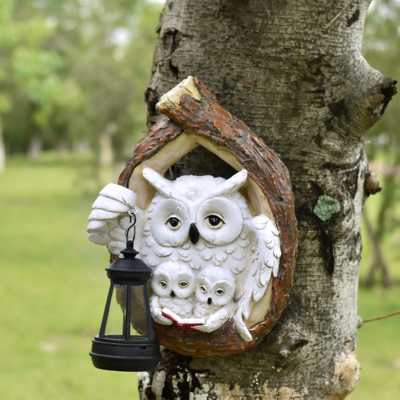 Resin Solar Owl Garden Decor with Three Owl Figures Self-Charging Solar Panel for Ambient Nighttime Glow in Yard or Porch