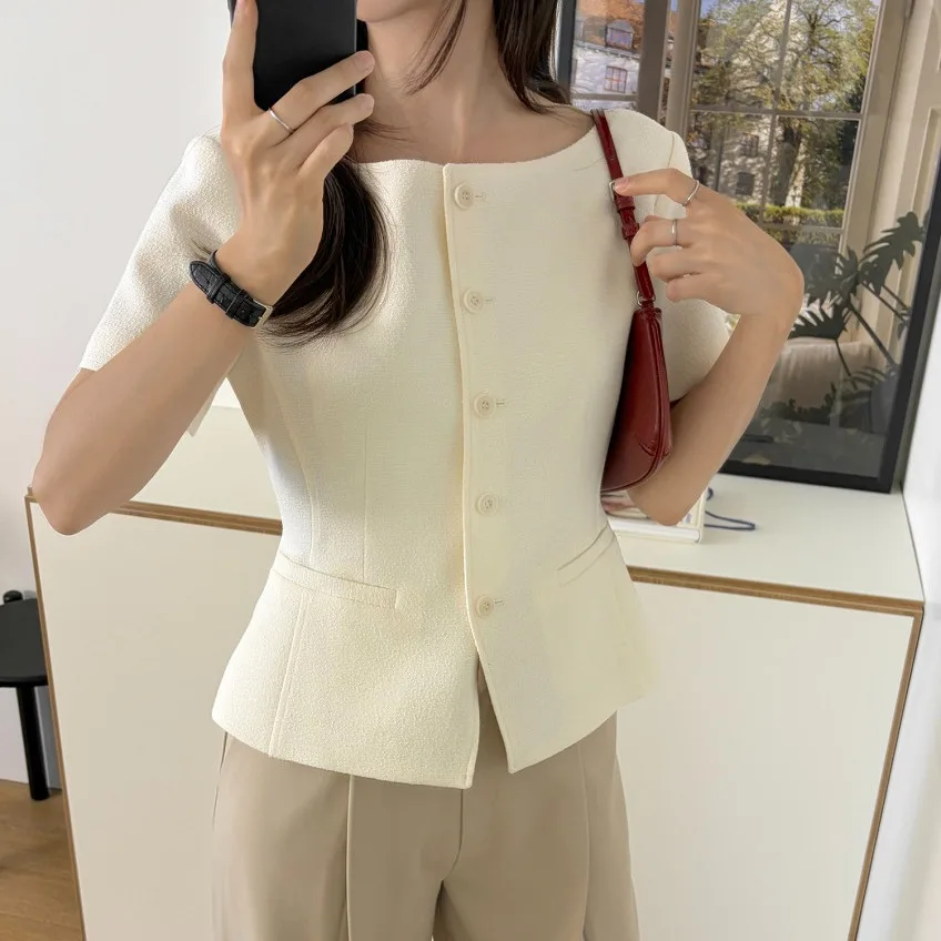 Women's Summer Elegant Slash Neck Short Sleeve Slim Short Jacket Lady Korean Style Solid Color Single Breasted Outwear Top