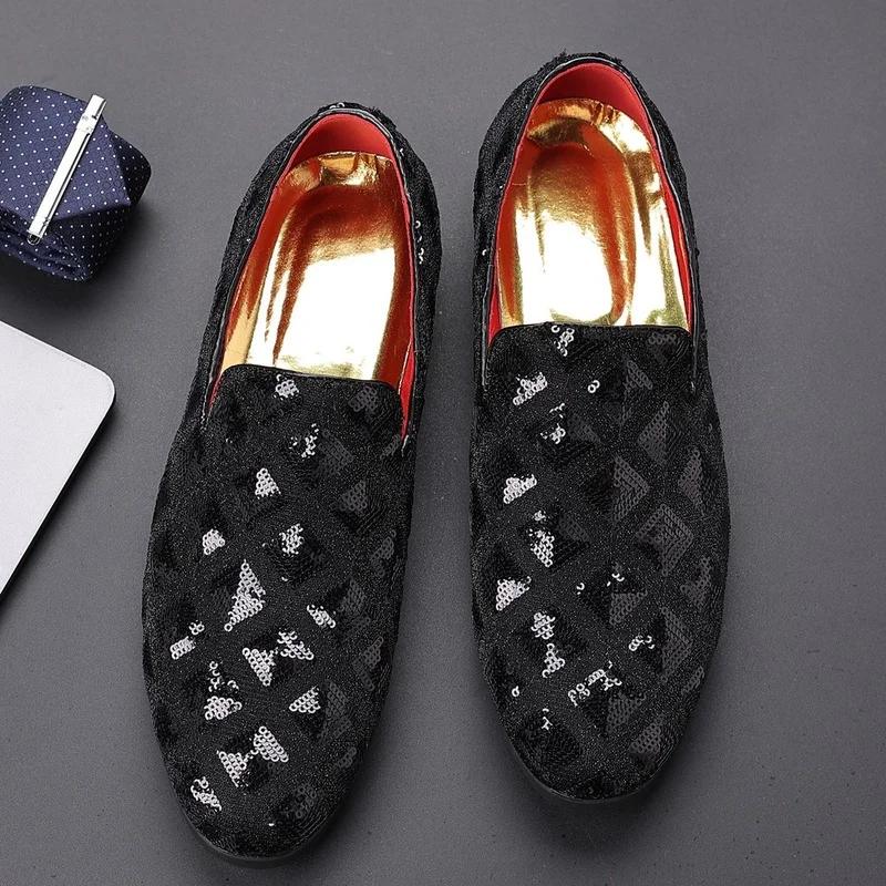 Fashion Designer Sequin Men\'s Loafers Brand Wedding Leather Shoes for Men Slip on Business Formal Dress Shoes Zapatos Hombre