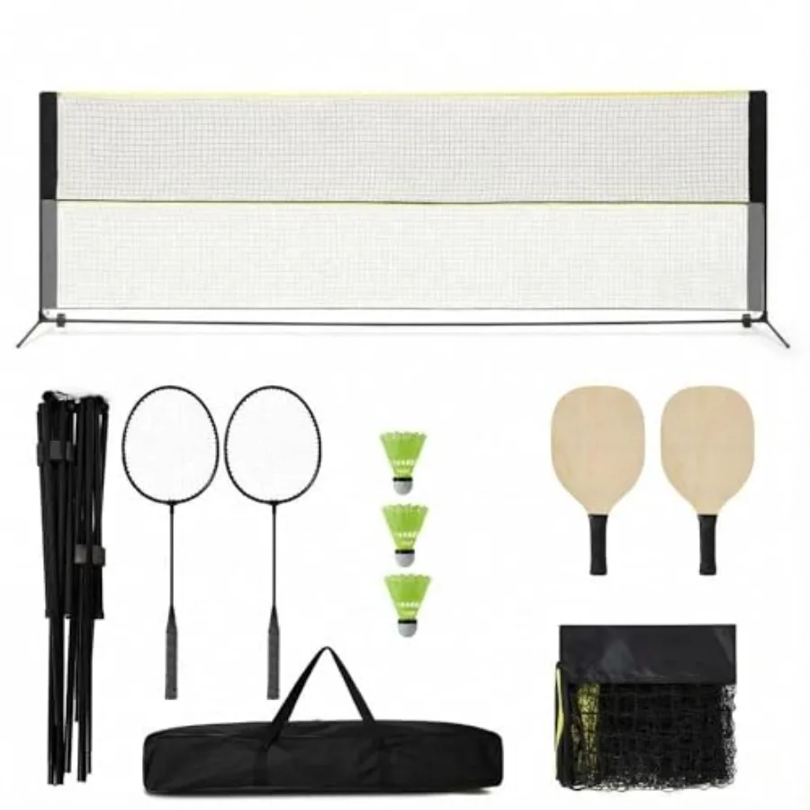 

16.8FT Portable Badminton Net Set with Adjustable Height Includes Volleyball Net Badminton Rackets Shuttlecocks Pickleball Padd