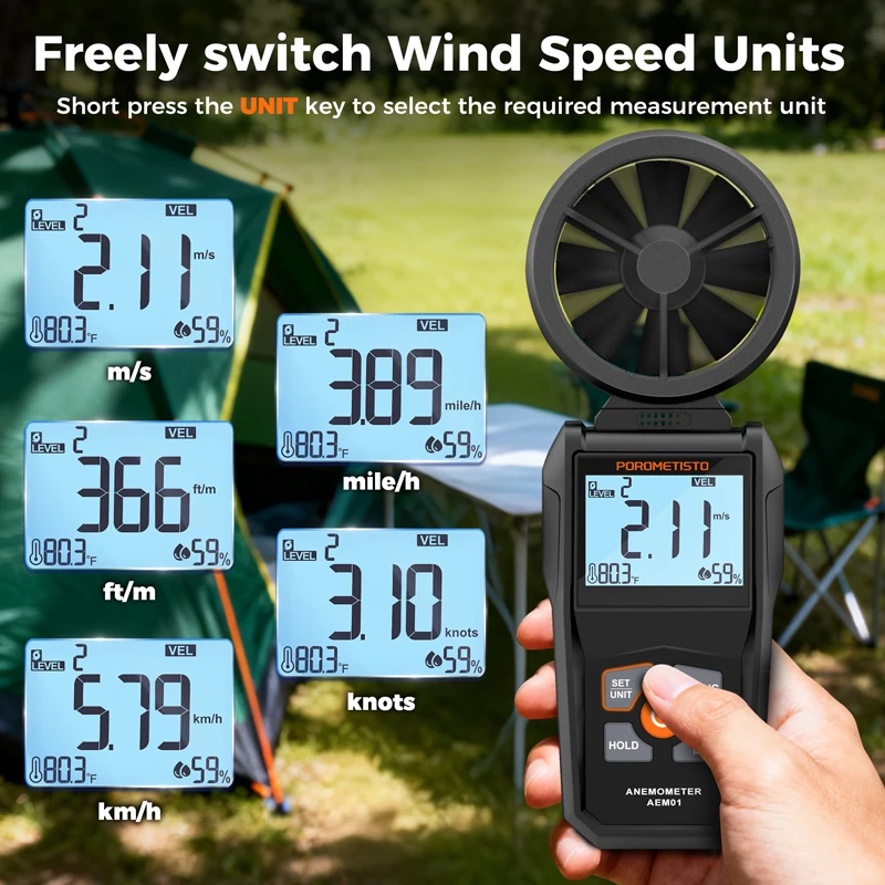 POROMETISTO AEM01 올인원 풍속계 휴대용 풍속계 풍속 유량 온도 습도 측정기 LCD 백라이트 포함