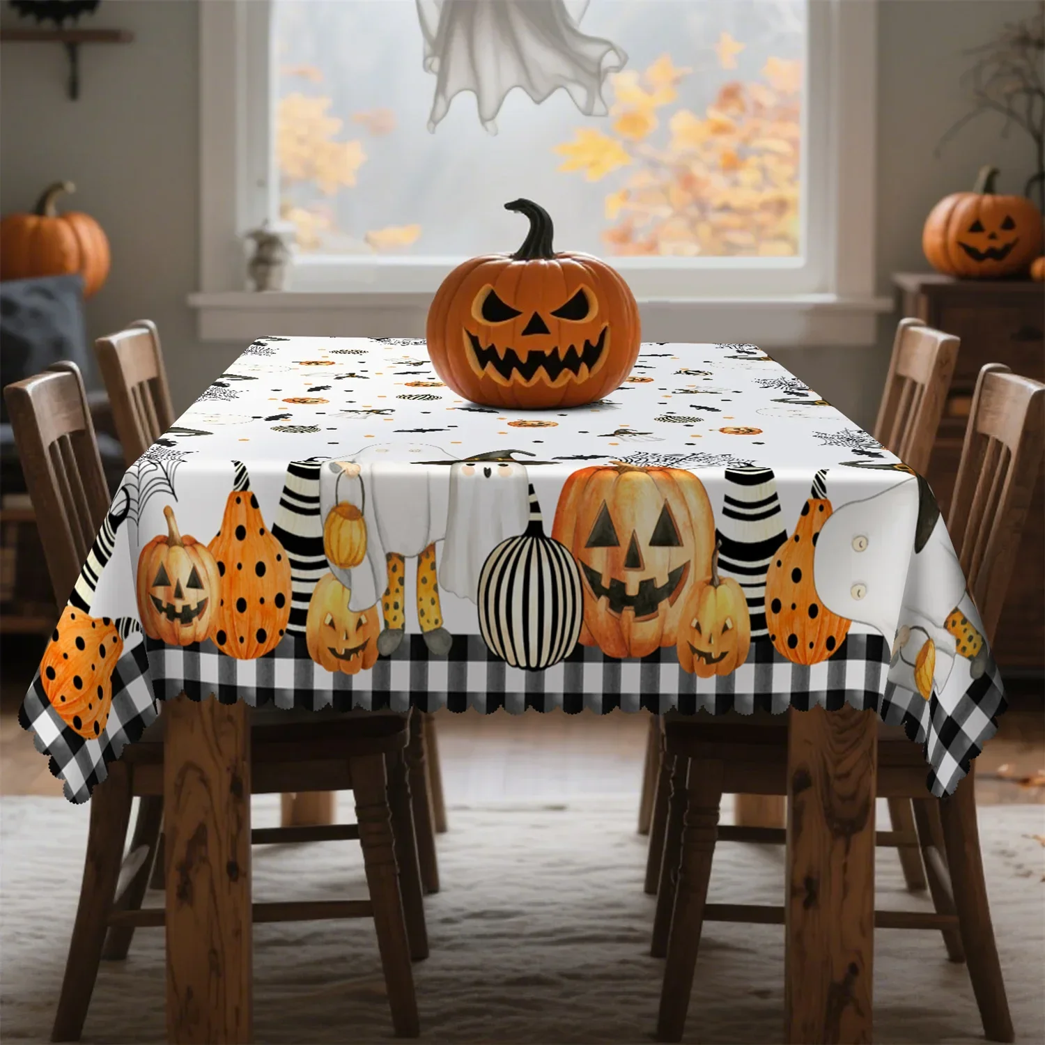 Buffalo check striped pumpkin spider web bat Halloween tablecloth - Washable tablecloth coverxzj