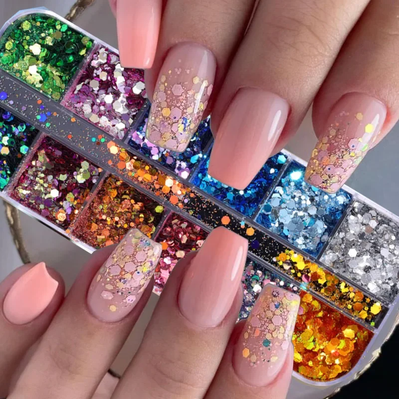 12 Grids Candy Color Nail Glitter Sequins DIY Mixed Hexagon Mermaid Flake Glitter Sequin Powder Gel Polish Nail Art Decoration