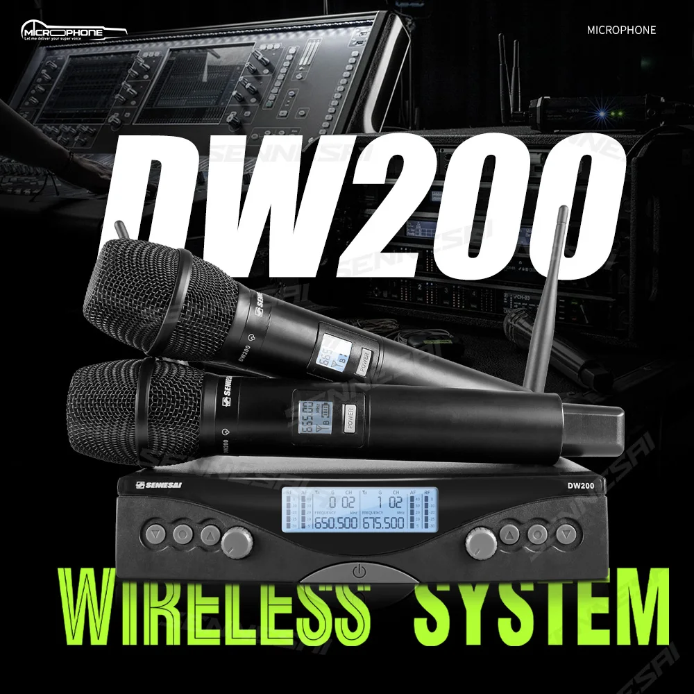 NEW! DW200 Professional Dual Wireless Microphone karaoke Home System Stage Performances UHF 655Mhz-694Mhz 2 Channel Handheld