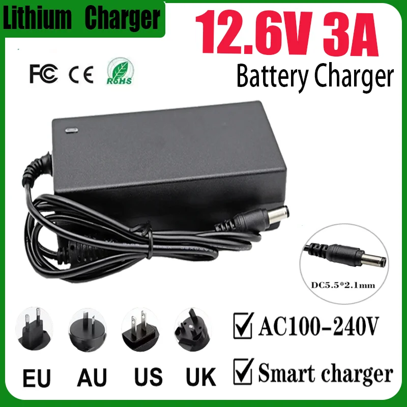 

12.6V 3A Lithium Battery Charger AC110-240V to DC For11.1V 3S 12V Li-ion battery pack DC5.5*2.1mm ﻿