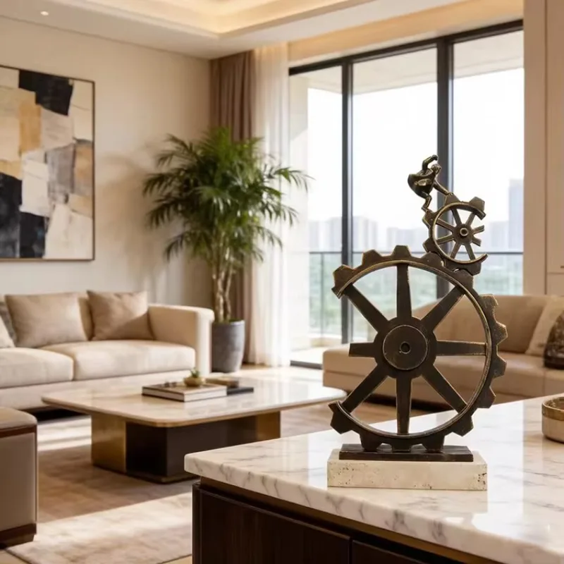 Modern Metal Marble Sculpture Abstract Gear Man Statue Black/Dark Silver Luxury Windmill Pattern Desktop Art