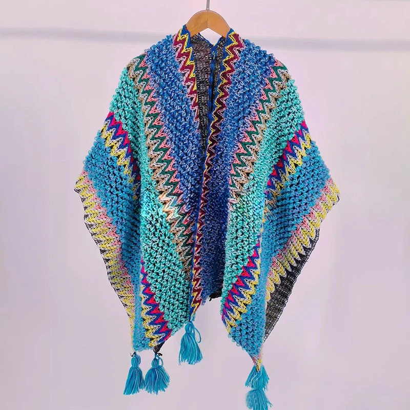 

2024 Travel Outfit, Ethnic Style Shawl, Decorative Women's Retro Knitted Cape, Tassel Sun Protection Cloak