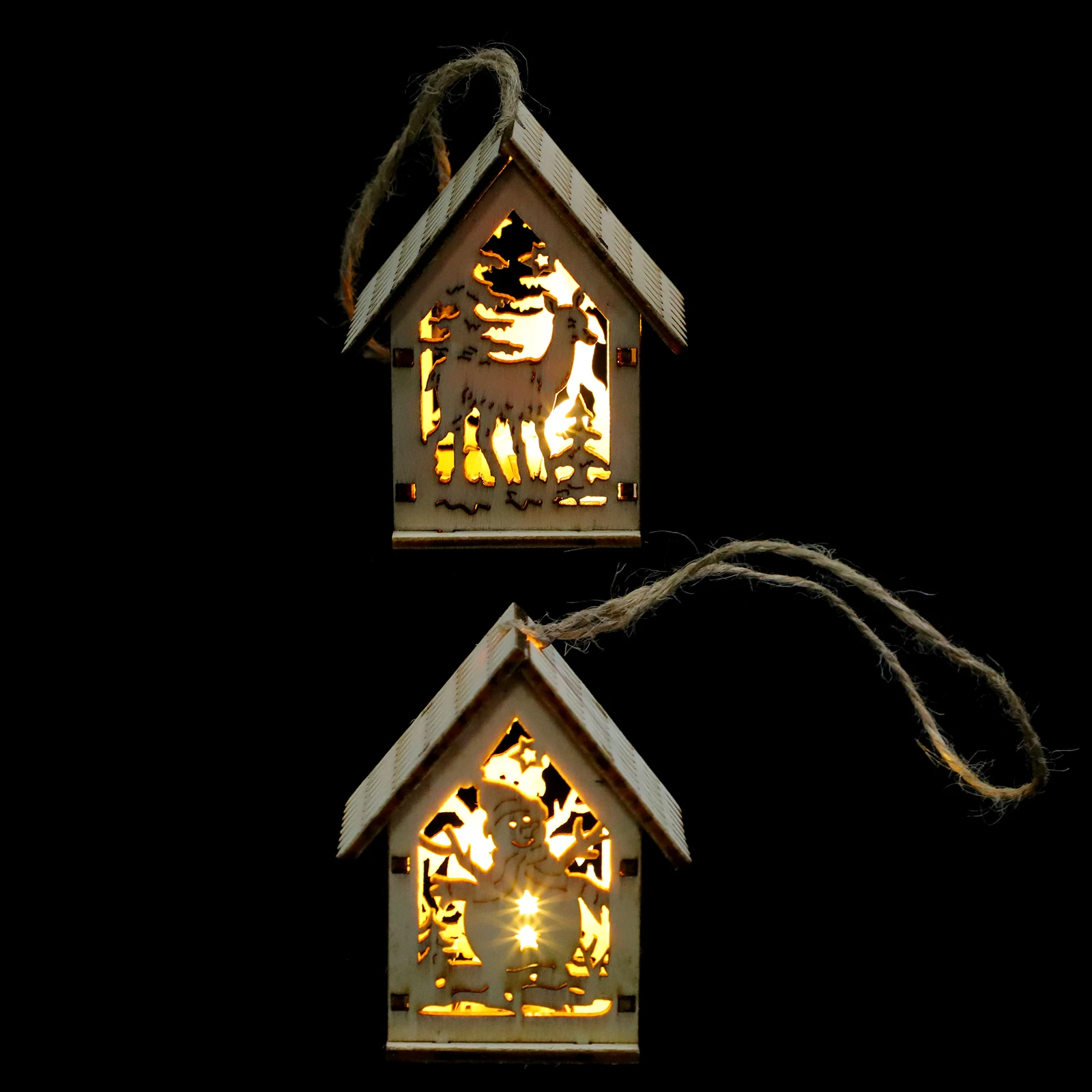 2pcs Wooden Carved Christmas Pendant Glowing Decor Creative Xmas Tree Ornament Wood Craft Festival Decoration Delicate Hanging