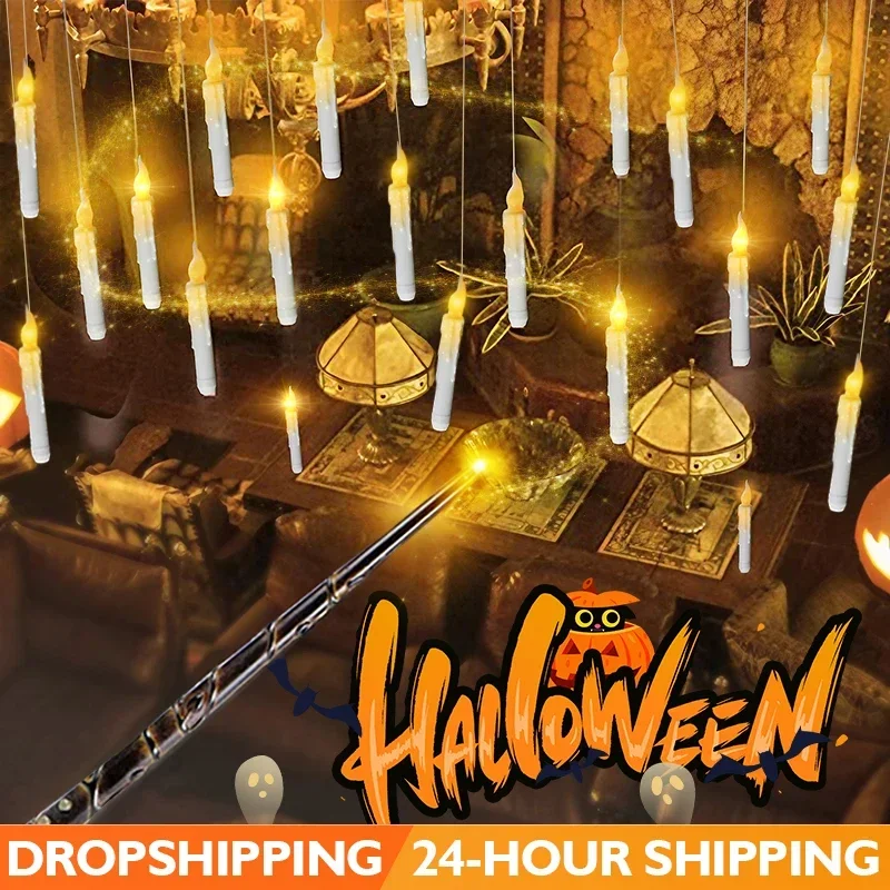 LED Floating Flameless Candles Lights with Magic Wand Remote Control Electric Flickering Taper Candle Christmas/Halloween Party