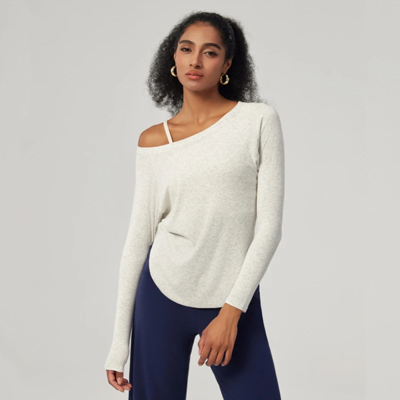 

Autumn Women Loose Yoga Shirts Textured Long Sleeves Sport T-Shirt Curved Hem Running Sweatshirts Gym Fitness Tops Blouse Female