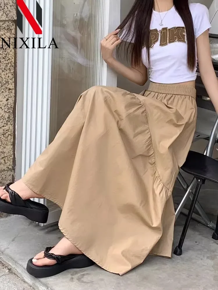 Spring Summer Elegant Women's A-Line Skirt Simple Fashion Solid Color Bustier Korean Pleated Splicing Elastic Waist Long Skirt
