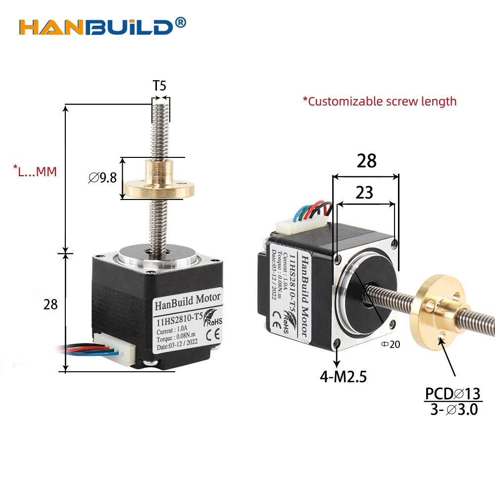 Imagem -05 - Motor do Parafuso Nema11 com Ligação Trapezoidal para o Instrumento de Desenho Haste do Parafuso Deslizante 28 Linear 11hs2810-t5*2 L50 mm 100 mm 150 mm