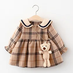 Baby Girl Cute Princess Skirt Newborn Fashion Long-sleeved Navy Plaid Dress Infant Girls Wedding Birthday Party Casual Dress