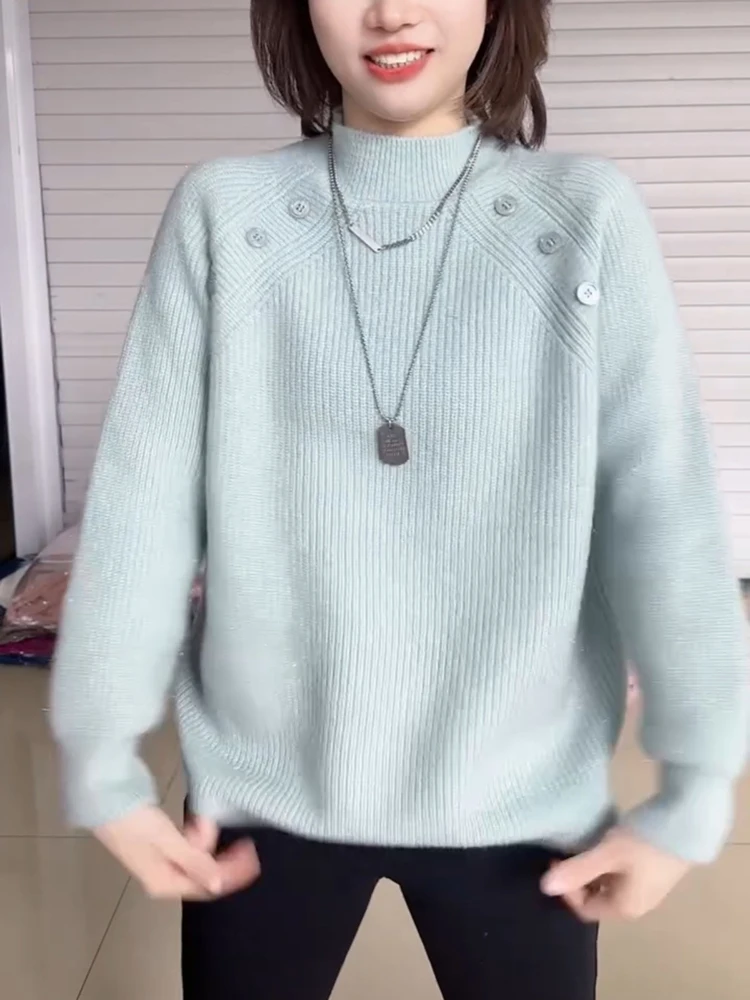 Thiened Fce f-High Collar Pure Color Button Base irt Sweater Women's Autumn Winter Faion Loose Knitted Top