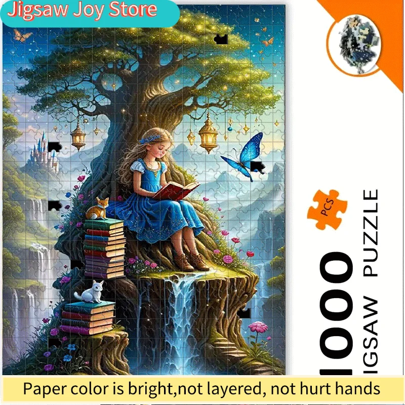Puzzle de château de conte de fées magique de 500/1000 pièces avec fille, arbre, chat, château et cascade - Couleurs vibrantes, défi stimulant