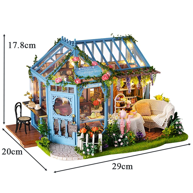 DIY de madera rosa patio flor cabaña casas de muñecas kits de modelos en miniatura casa de muñecas con muebles para amigos regalos de cumpleaños