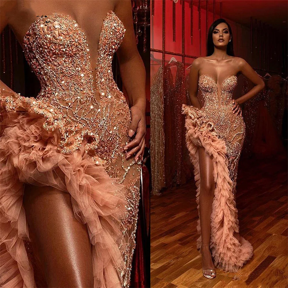 

Champagne Blush Mermaid Prom 2023 Sparkly Beaded Ruffles High Slit Sweetheart Arabic Evening Dress Occasion Gown