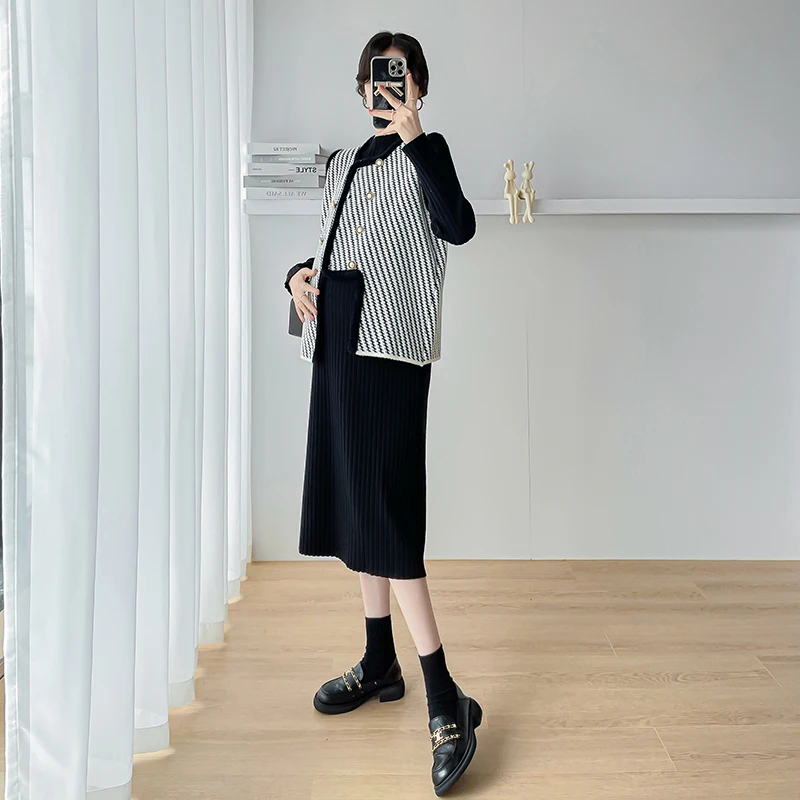 Autumn Winter Fashion Striped Maternity Vest Knitted Sweaters Dress Sets Elegant A line Clothes for Pregnant Women Pregnancy