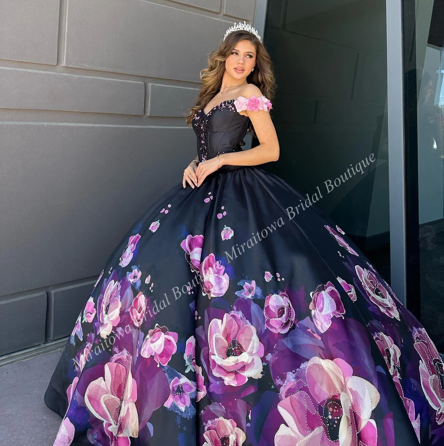 Black Pink Quinceanera Dress 2024 Print Floral 3D Flowers Charro Mexican Quince Sweet 15/16 Birthday Party Gown for 15th Girl