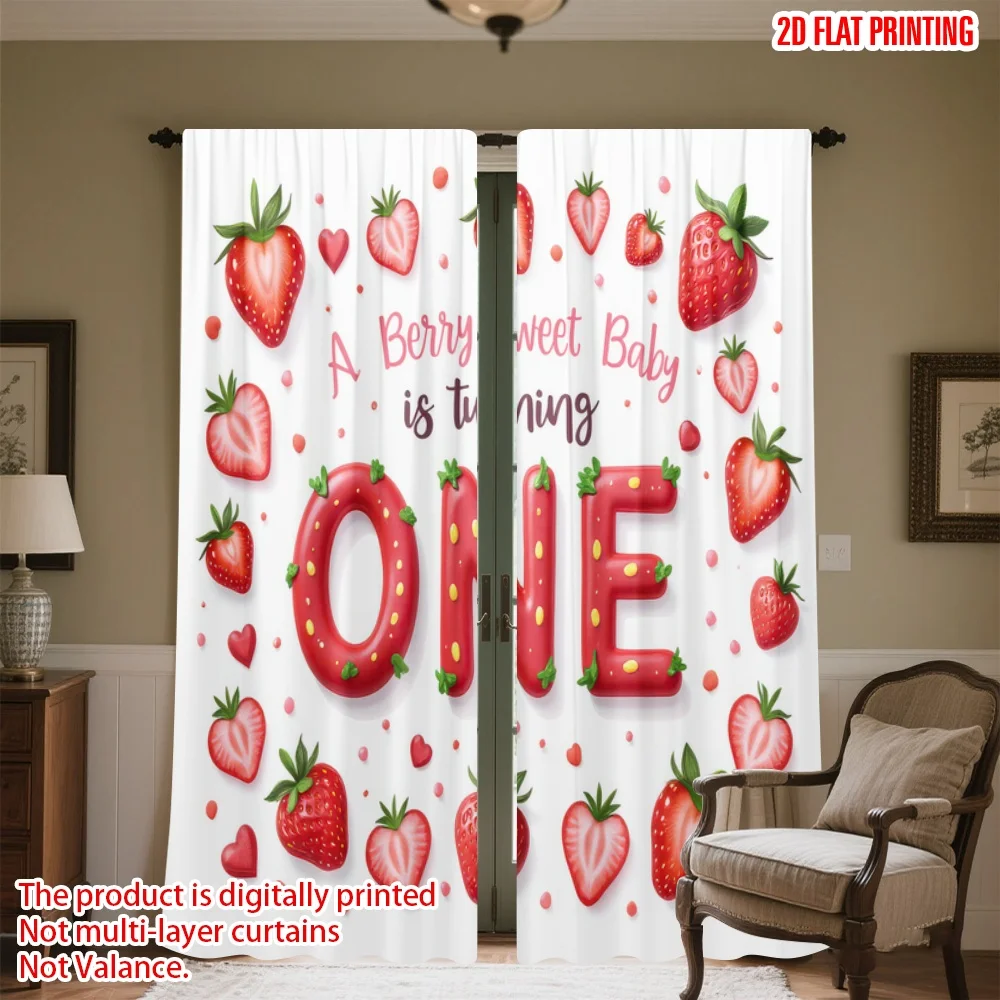 

2D flat printing 2pcs Curtain Birthday Strawberry Celebration Digital Printed Polyester Drapes Family Party for Art Party for