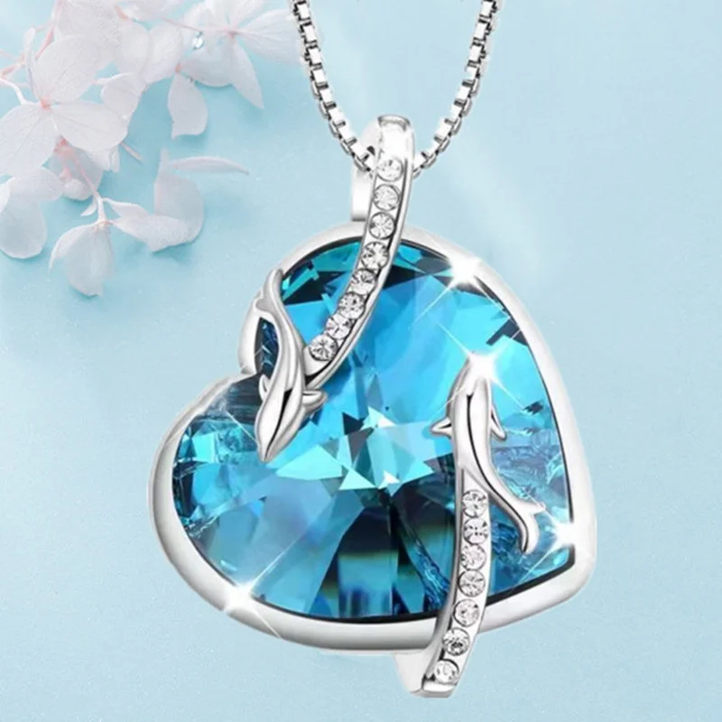 Fashion Dolphin Necklace Heart Sapphire Zircon Crystal Pendant Engagement Necklaces for Women Animal Jewelry Anniversary Gift