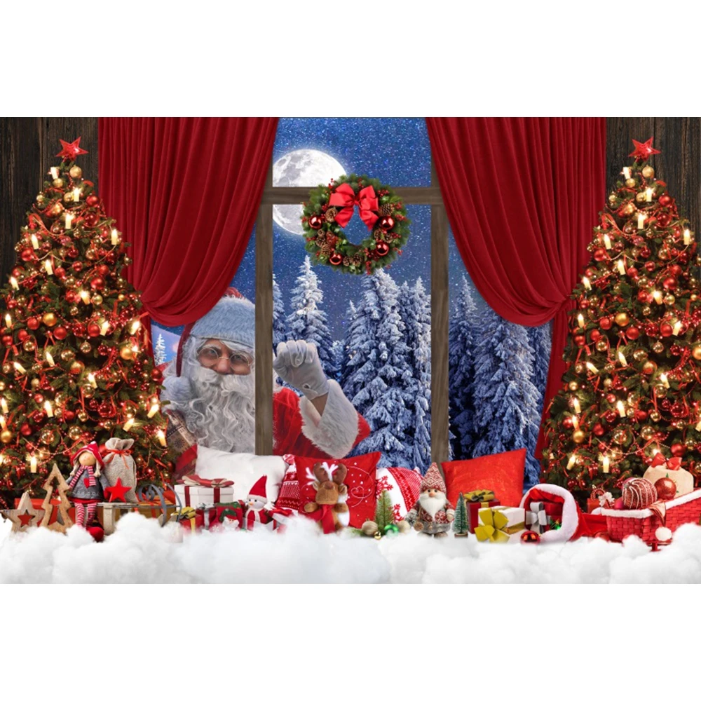 Toile De Fond Photographie Noël 210x150 Cm - Pays Des Merveilles Hiver, Père Noël, Neige Et Feux D'Artifice - Décoration Fête