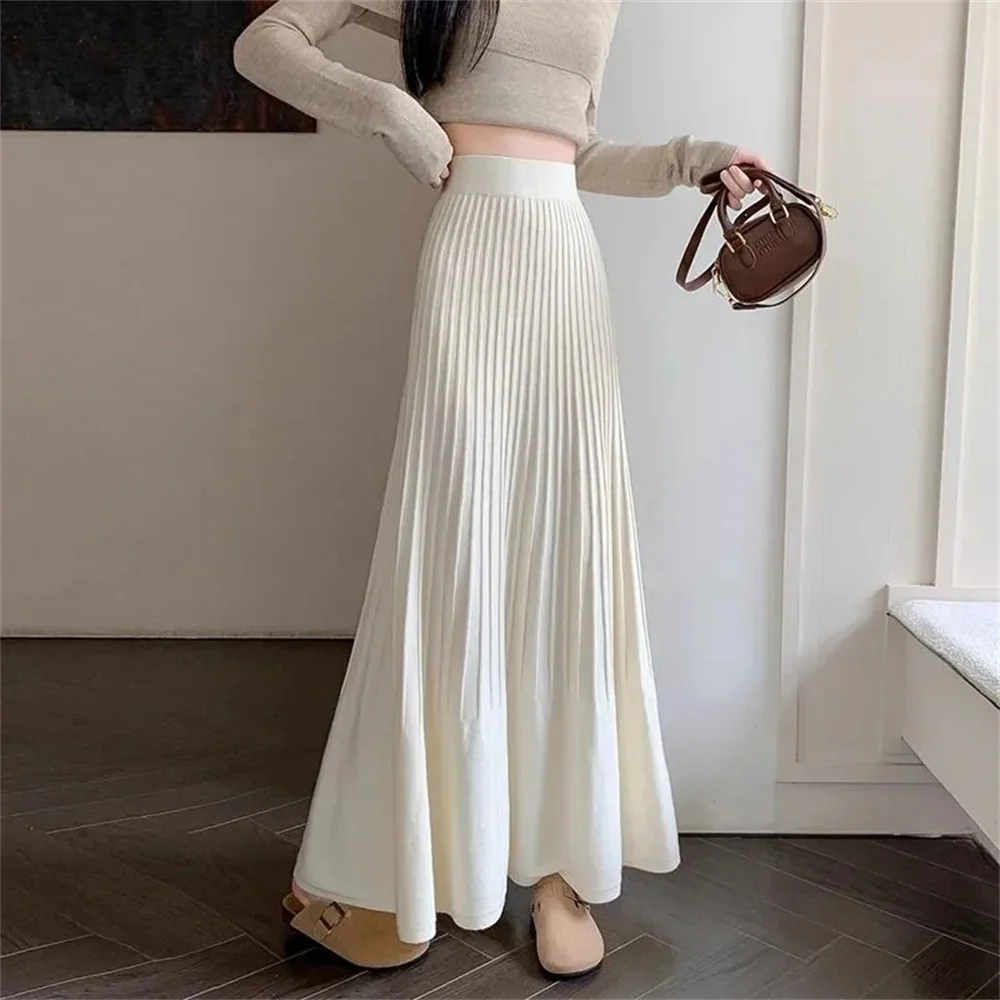 

Autumn Winter Elegant Pleated Skirt For Women Knitted Mid Length Umbrella Skirtoffice Ladies Fashion High Waist Sweater Skirt