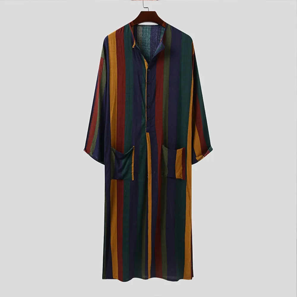 Striped Print Shines! Middle Eastern Men's Long-sleeve One-piece Robe, Spring-Summer Arabian Muslim Wear Comfortable Style
