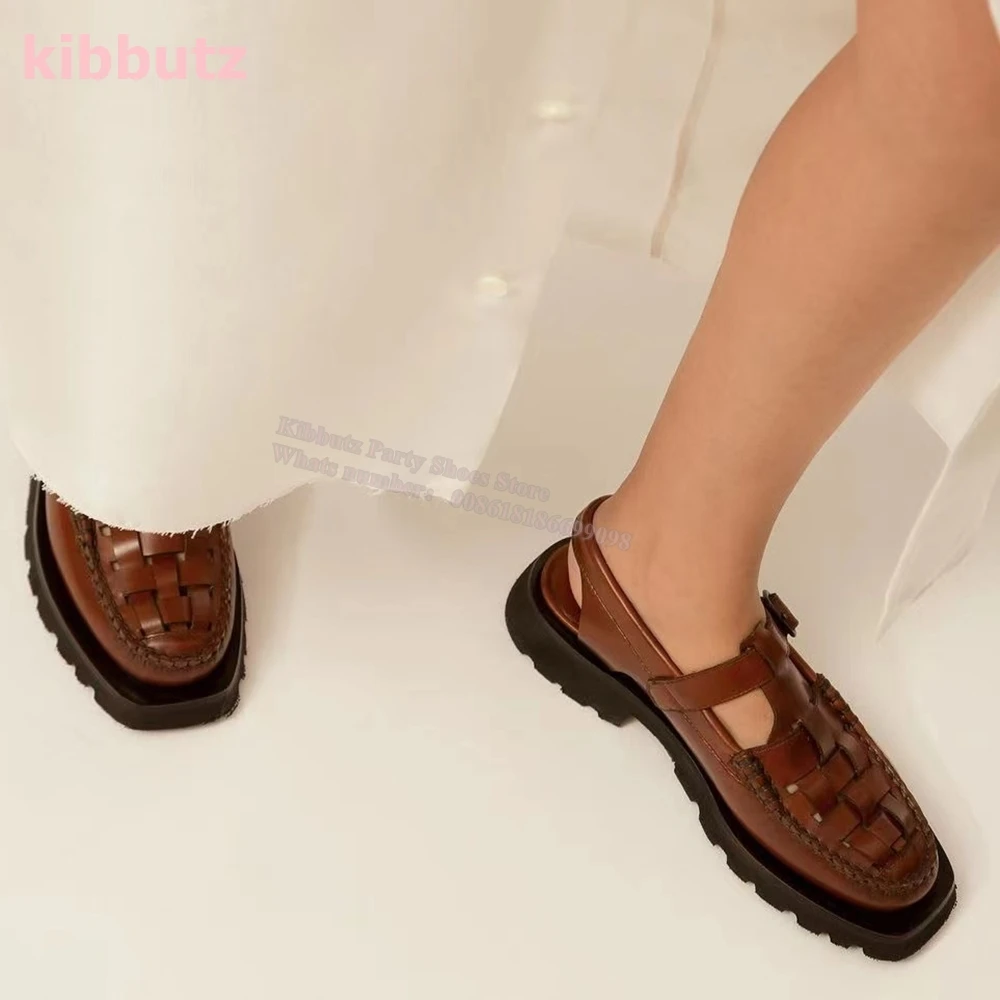 Weave Belt Buckle Loafers Pumps Square Toe Chunky Heel Genuine Leather Mixed Color Fashion Elegant Sexy Concise Women Shoes New