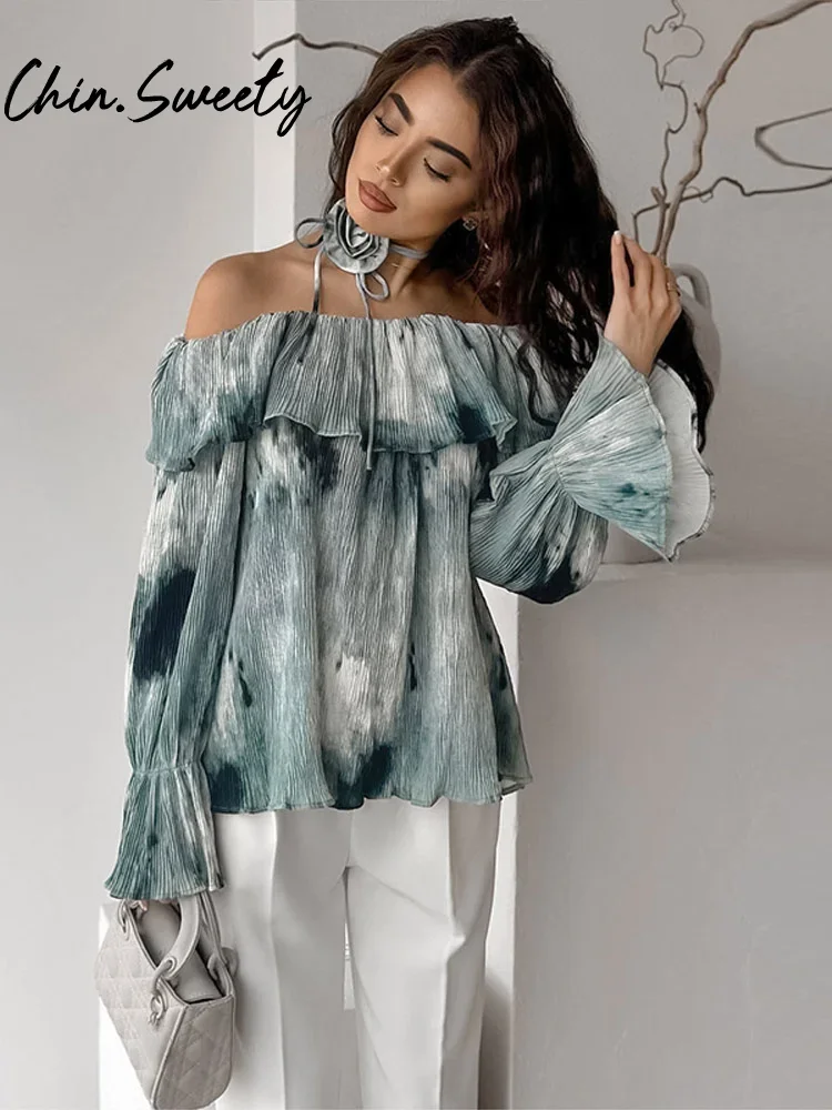 Vintage Tie-dye 3D Flower Women Shirt Elegant Slash Neck Full Flare Sleeve Female Shirts 2025 Spring Summer Ruffle Lady Top