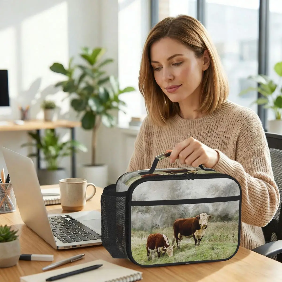 Bolsa térmica para almoço com estampa de aquarela de touros e vacas de Hereford, para mulheres, para escritório, caixa térmica para alimentos, sacola para almoço