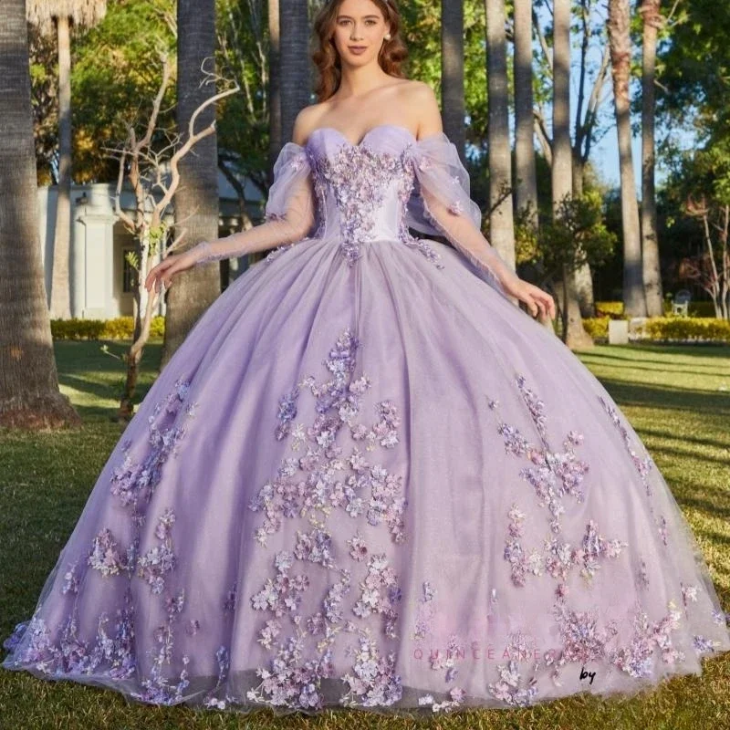 Sweetheart Lavender Off-Shoulder Beaded Ball Gown Quinceanera Dress Appliques Flower Tull Ball Gown Sweet 16 Princess Dress Vest