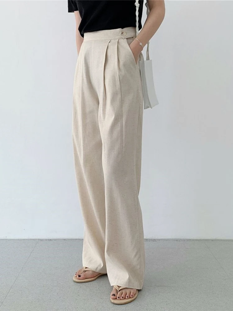 

QOERLIN Linen Pants Women 2024 New High Waisted Wide Leg Office Ladies Trousers with Pocket Solid Pants Korean Fashion Casual