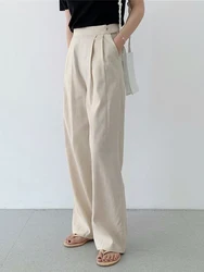 QOERLIN Linen Pants Women 2024 New High Waisted Wide Leg Office Ladies Trousers with Pocket Solid Pants Korean Fashion Casual