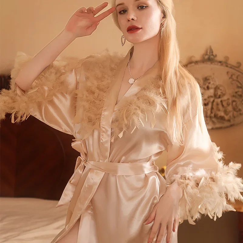 Ladies Long Sleeve Feather Satin Night Gown Satin Luxury Robe Bride Morning Robes for Bridesmaids Feather Wedding Robe Princesse