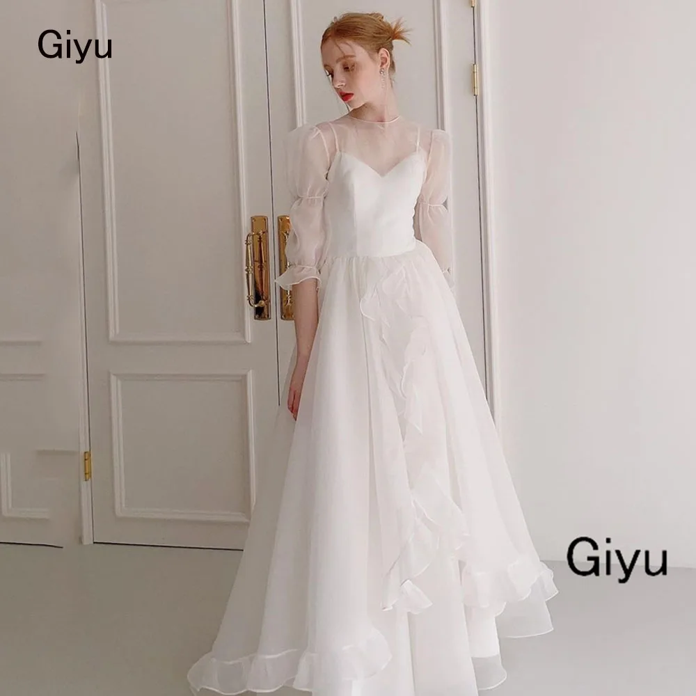 

Giyu Simple A-line Wedding Dress For Woman O-Neck Draped Floor-length Pleat Vestidos Novias Boda Evening Gown Dress