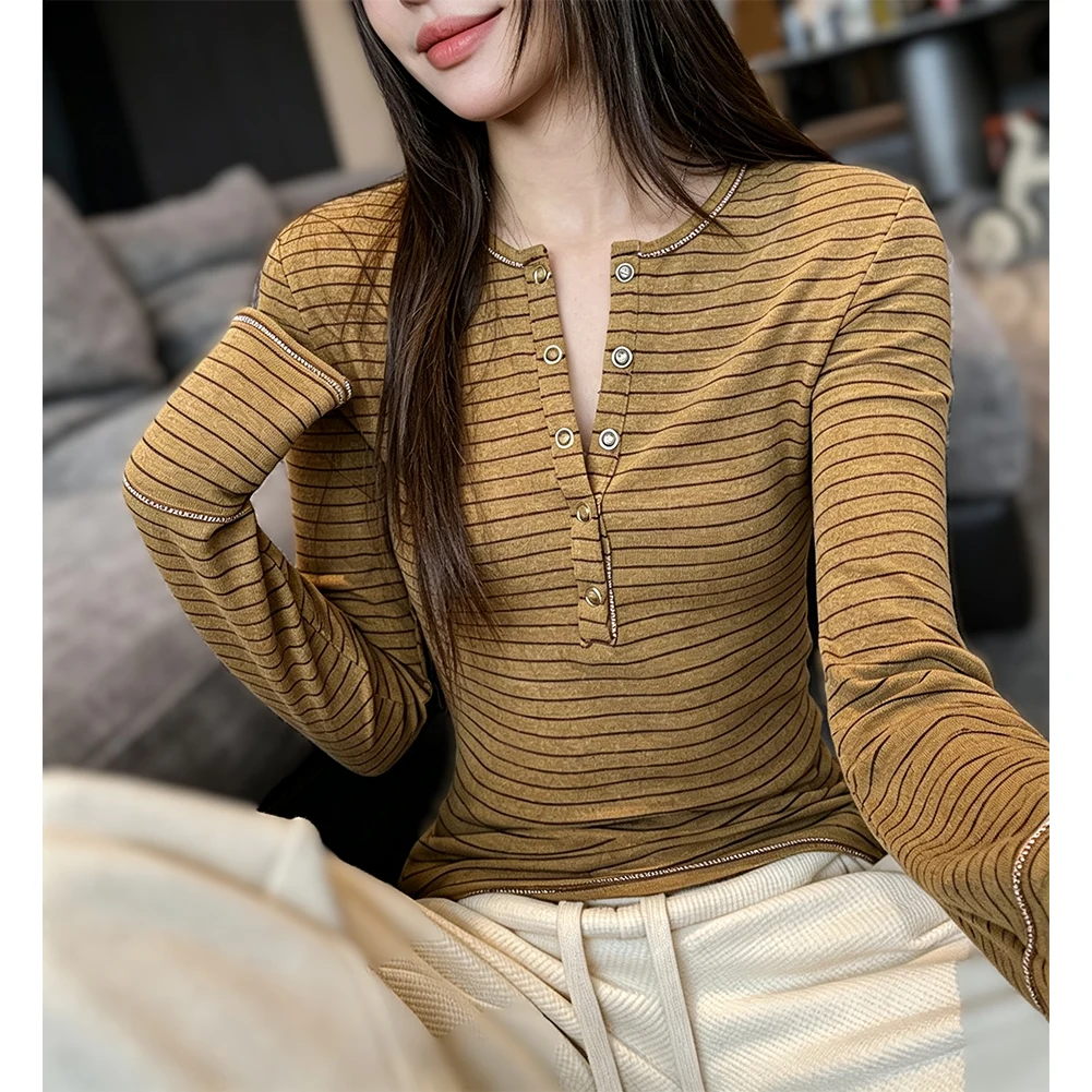 Ladies' Contrasting Color‑Block Striped Shoulder Long Sleeved T-shirt Base Shirt For Spring And Autumn Seasons Tops