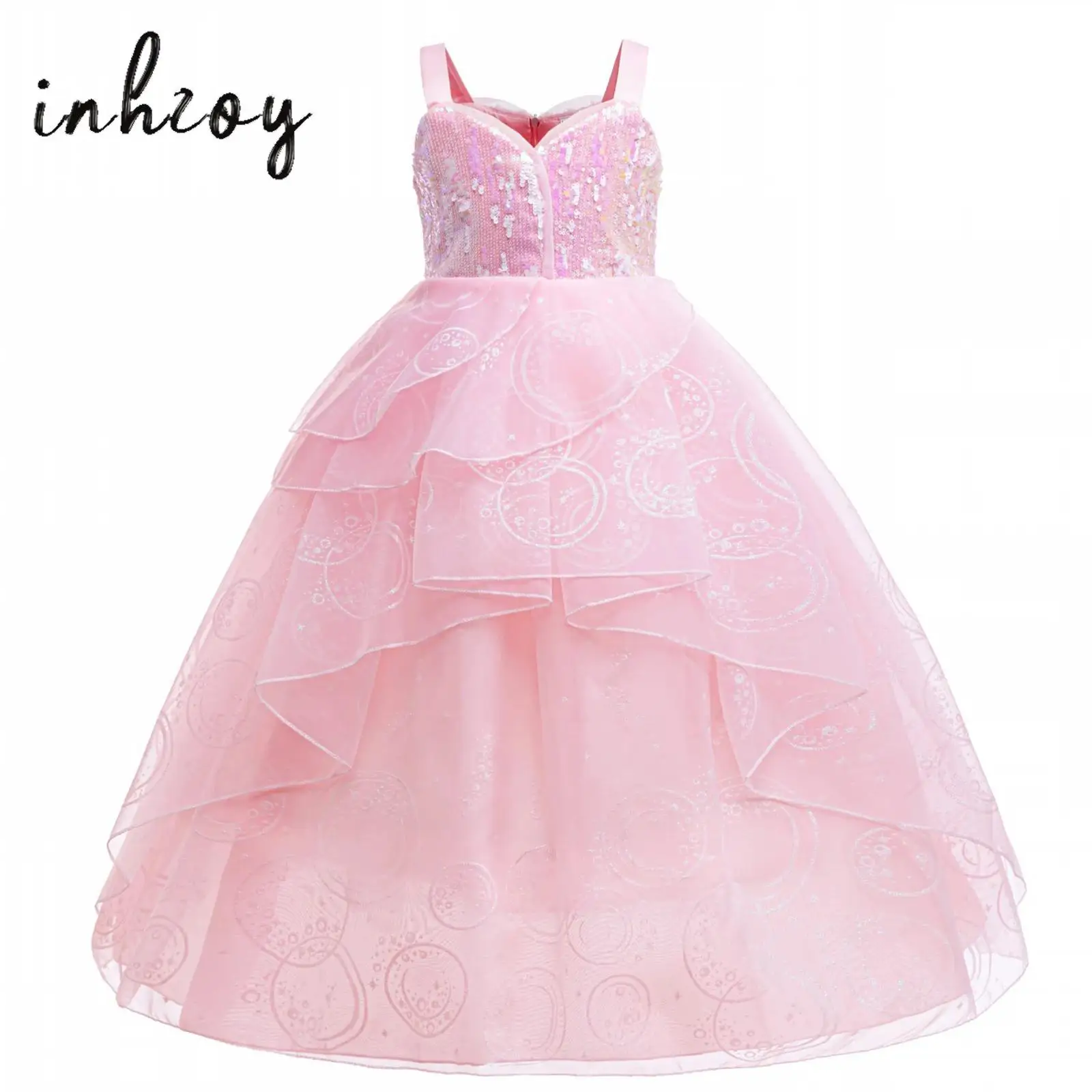 

Kids Girls Princess Dress Sequins Wide Shoulder Straps Layered Ruffled Tulle Dress for Banquet Party Halloween Cosplay Costume