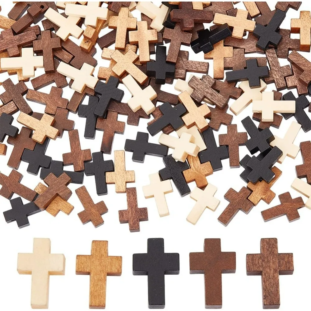 200Pcs Wood Cross Charms Pocket Crosses 0.87x0.55 inch Small Wooden Cross Charm Pendants Christmas Wood Craft Crosses making kit