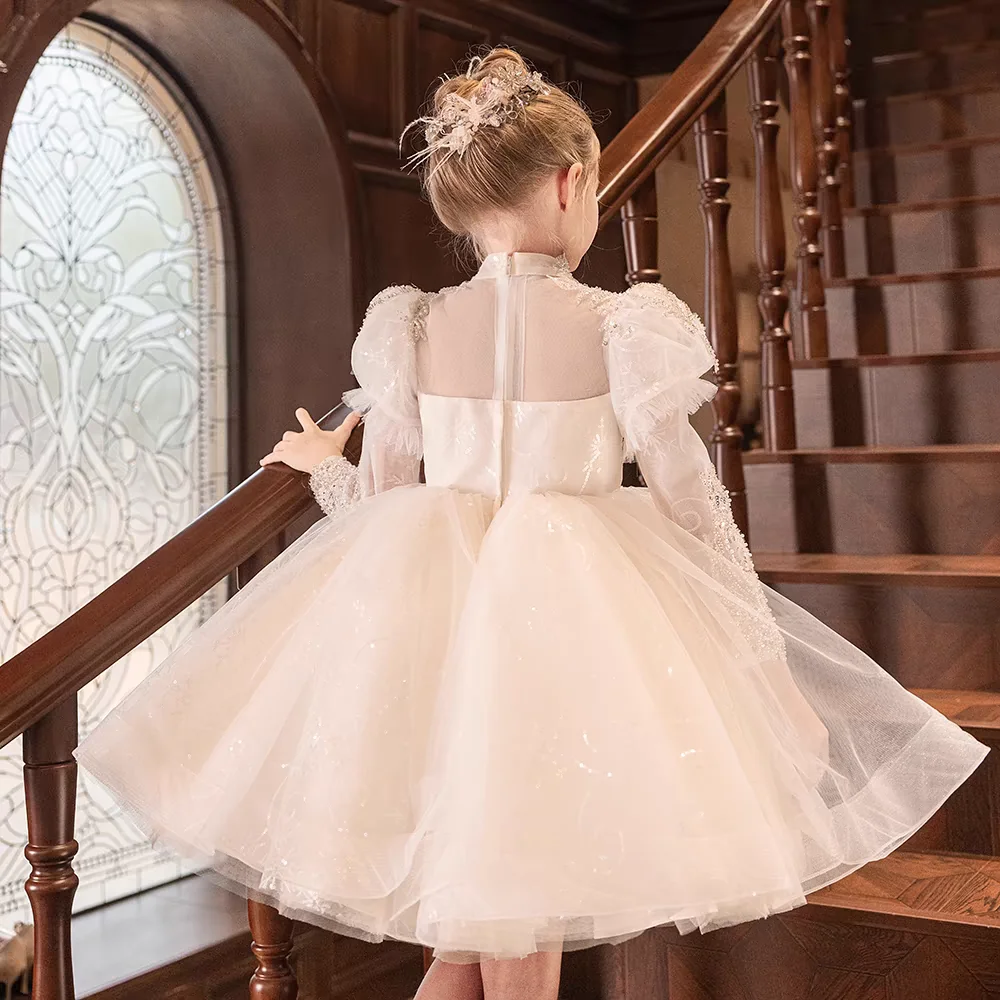 白いフラワーガールドレス ビーズ付きプリンセス長袖幼児子供結婚式1歳の誕生日ページェントパーティードレスJ437