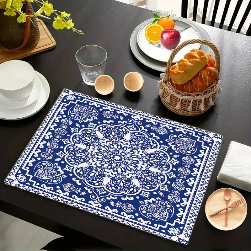 Heat Resistant 1pcs Blue Floral Print Placemats -Room Party Scene Decoration Placemats for Home Kitchen