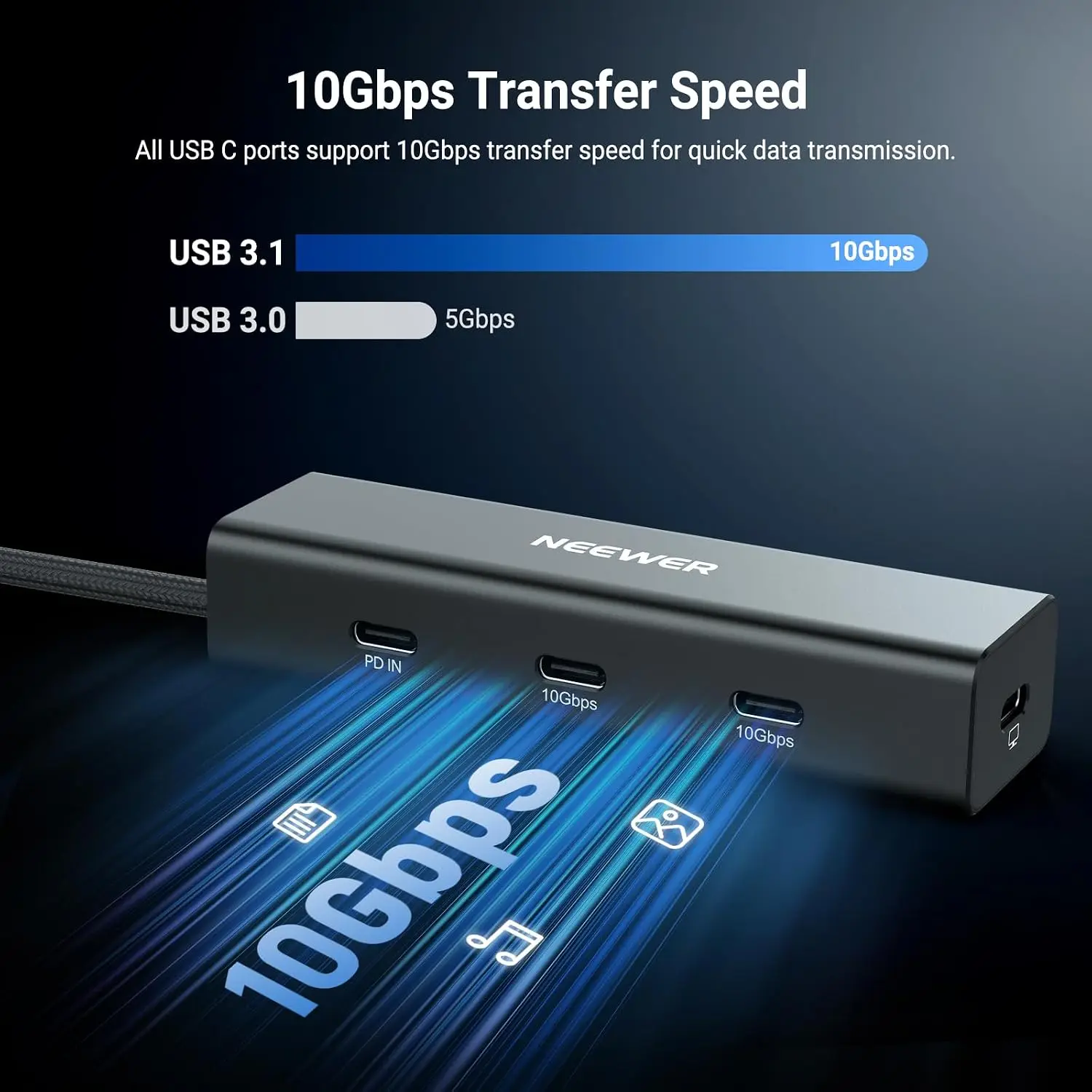 NEEWER USB-C Hub Dock mit Cold Shoe Halterung, 4-in-1 USB 3.1 Gen2 Extender Multiport Adapter Dongle 100W PD Ladestation – Detail 3